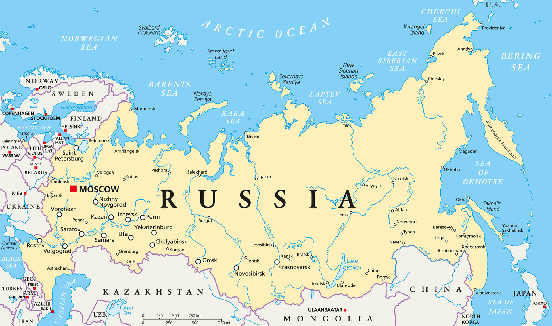 Politische Karte Russlands mit Hauptstadt Moskau